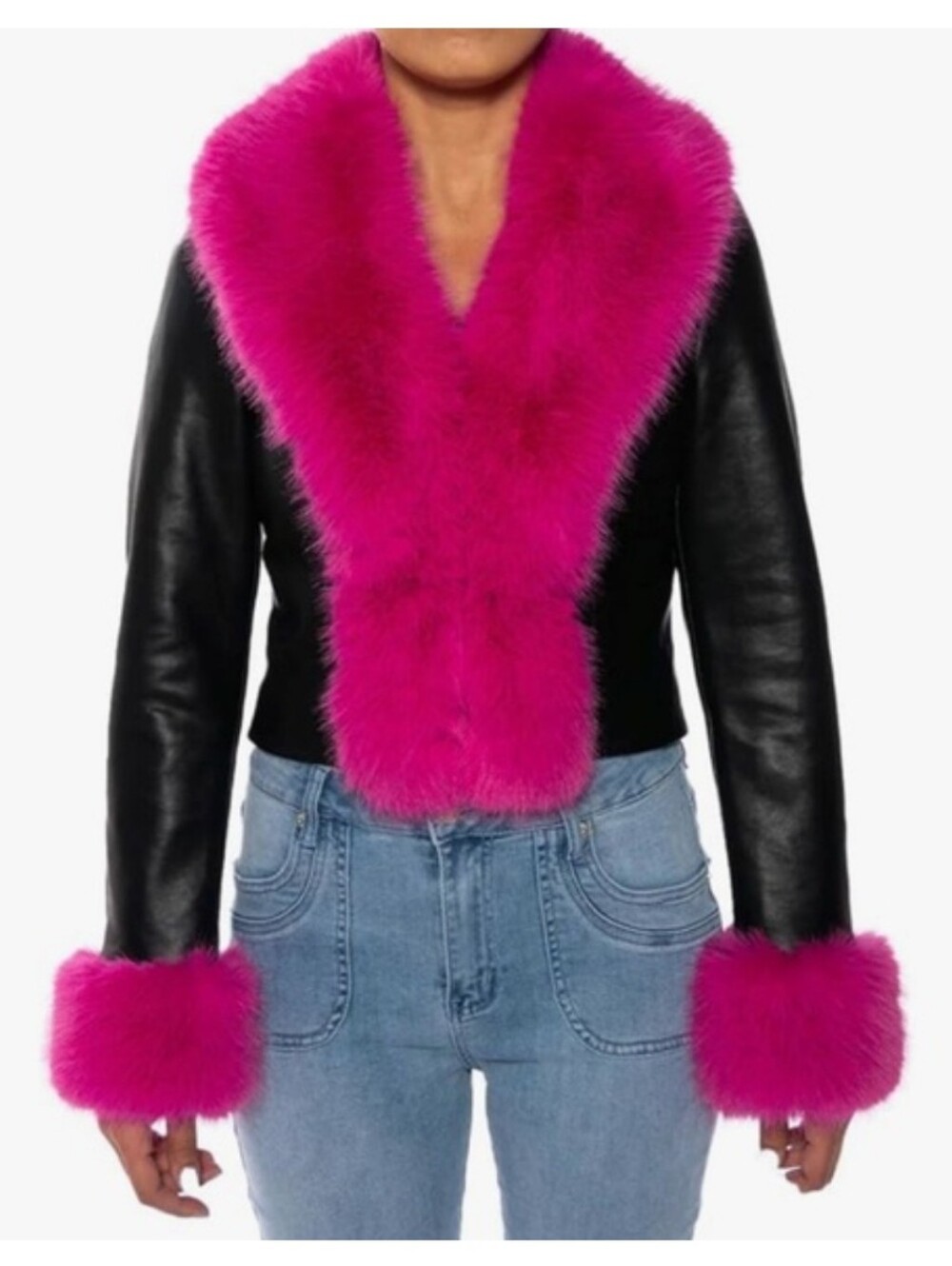 Azelea Wang Gisele Black Vegan Leather with Bright Pink Faux Fur Trim, S.  BNWT